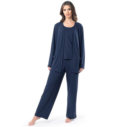 Conjunto de pijama de camiseta sin mangas, pantalón y cárdigan transpirable Fruit of the Loom para mujer, azul medianoche, S