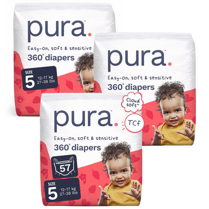 Pura Couches-culottes hypoallergéniques Taille 5 (12-17 kg) Nuit, jusqu'à 12 heures de protection contre les fuites, Convient aux peaux sensibles, Sans chlore, Coton biologique doux, 3 paquets de 19 (57 couches-culottes)