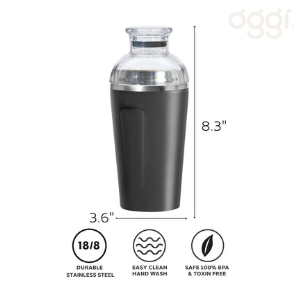 OGGI Groove Insulated Cocktail Shaker-17oz Double Wall Vacuum Insulated Stainless Steel Shaker, Tritan Lid has Built in Strainer, Ideal Cocktail Mixer, Martini Shaker, Margarita Shaker, Black