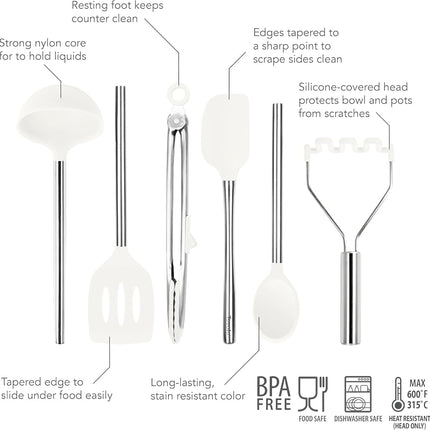 Tovolo 6-Piece Premium Silicone Utensil Set (White): Essential Kitchen Tools | Sturdy Utensils for Home, Apartment, or College Dorms