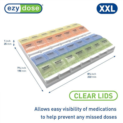 EZY DOSE Pastillero Semanal (7 días), Contenedor de Vitaminas y Organizador Diario de Medicamentos, 2 Compartimentos con Botones, Fácil de Usar para Personas con Artritis, 4 Veces al Día