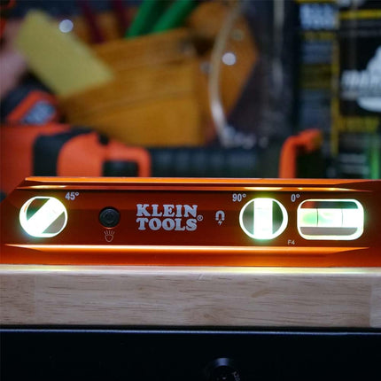 Klein Tools 935RBLT Level, Lighted Torpedo Level with Magnet, 3 Vials and V-Groove, Water and Impact Resistant, Great for Conduit Bending High-Visibility Orange