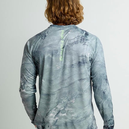 HUK Men's Standard Pursuit Pattern Crew Sleeve, Performance Shirt, Mossy Oak-Calmwater Silver Sky