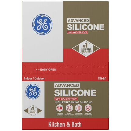 GE Advanced Silicone Caulk for Kitchen & Bathroom, Clear, 10 fl oz Cartridge, 12 Pack - 100% Waterproof Silicone Sealant, 5X Stronger Adhesion, Shrink & Crack Proof