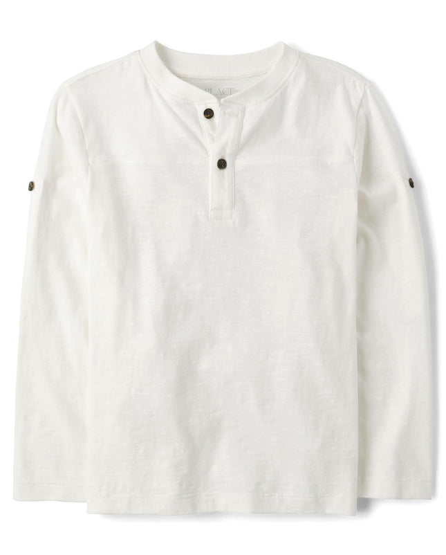 The Children's Place Boys' Long Sleeve Rolled Cuff Henley Shirt, Bunny's Tail White, Medium