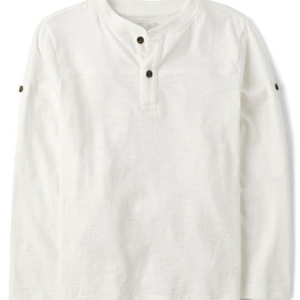 The Children's Place Boys' Long Sleeve Rolled Cuff Henley Shirt, Bunny's Tail White, Large