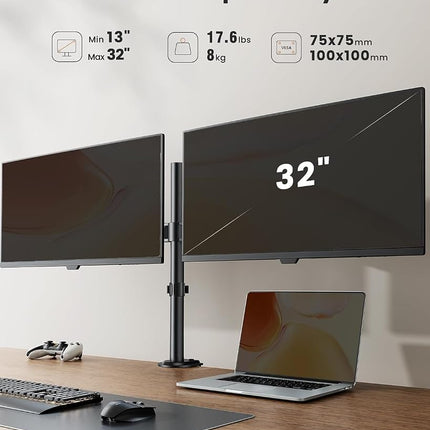 ErGear Dual Monitor Stand for 13 to 32 Inch Screens, Dual Monitor Arm Ergonomic Viewing Angle - Adjustable Tilt 90°/ Swivel 180°/ Rotate 360°/ VESA 75/100mm