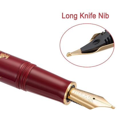 HONG DIAN N23 Red Rabbit Fountain Pen, Long Blade Medium Nib Gold Trim, New Year Lucky Rabbit Carving Design, Smooth Writing Pen with Converter and Metal Pen Box Set