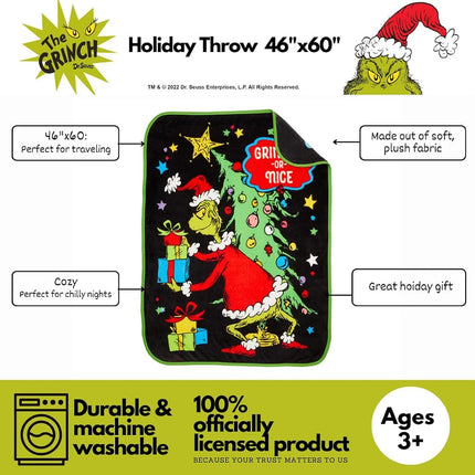 Franco Collectibles Dr. Seuss El Grinch Edredón Súper Suave y Acogedor para Navidad, 46 pulg. x 60 pulg., (Producto con Licencia Oficial)