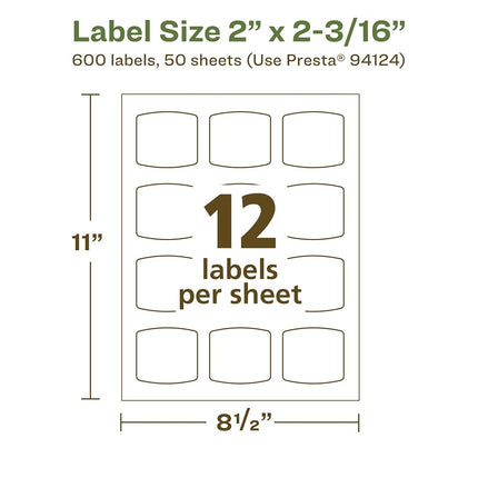 Avery EcoFriendly Matte White Recycled Arched Square Labels, 2" x 2-3/16", Print-to-The-Edge, Matte White Labels, Permanent Adhesive, Laser/Inkjet Printable, 600 Total