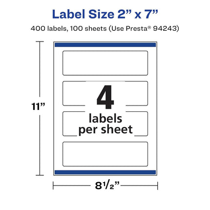 Avery Matte White Rectangle Labels with Sure Feed, 2" x 7", 400 Matte White Printable Labels