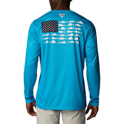 Columbia Men's Terminal Tackle PFG Fish Flag Long Sleeve T-Shirt, Ocean Blue/Coll Navy Offshore Slam, X-Small