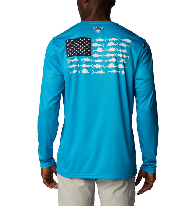 Columbia Men's Terminal Tackle PFG Fish Flag Long Sleeve T-Shirt, Ocean Blue/Coll Navy Offshore Slam, X-Small