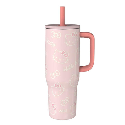 Zak Designs Sanrio Sutton Travel Tumbler for On The Go, 30oz Stainless Steel with Vacuum Insulation, Silicone Straw, and Carry Handle for Cold Drinks (Hello Kitty)