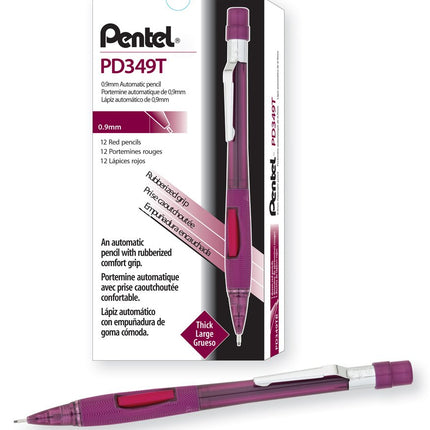 Pentel Quicker Clicker Automatic Pencil, 0.9mm Lead Size, Transparent Red Barrel, Box of 12 (PD349TB) by Pentel