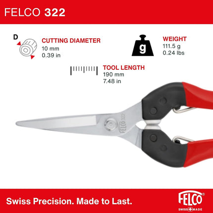 FELCO Model 322 Snips 48mm Straight Chrome Coated Snipping Blade Olive Grove Vineyard Floristry Gardening Horticulture Bonsai Topiary Made in Japan