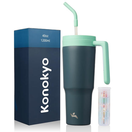 Vaso Térmico Aislado Konokyo con Asa y Popote, de 40 OZ, Botella de Agua de Acero Inoxidable al Vacío, Taza de Viaje de Metal con Difusor de Frutas, Gris Noche