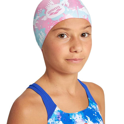 Arena Unisex Junior Print Swim Cap for Boys and Girls, 100% Silicone, One Size, Dots