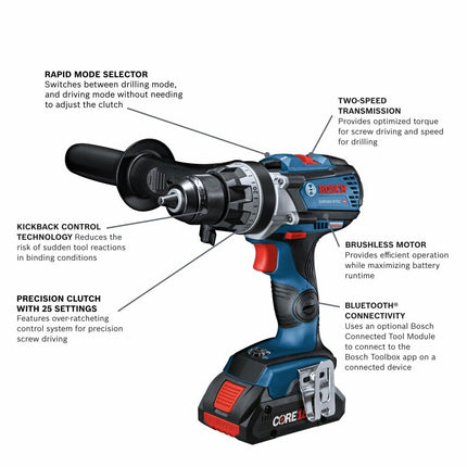 BOSCH GSR18V-975CB25 18V Brushless Connected-Ready 1/2 in. Drill/Driver Kit with (2) CORE18V 4.0 Ah Compact Batteries