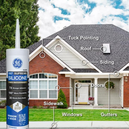 GE Supreme Silicone Caulk for Window & Door, White, 10 fl oz Cartridge, 12 Pack - 100% Waterproof Silicone Sealant, 7X Stronger Adhesion, Shrink & Crack Proof