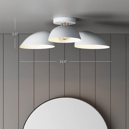 Nathan James Argo Semi Mount Flush Ceiling Light, 3-Lights Modern Retro Lighting with White Rounded Shades for Hallway, Dining Room and Bedroom, Brass Gold/White