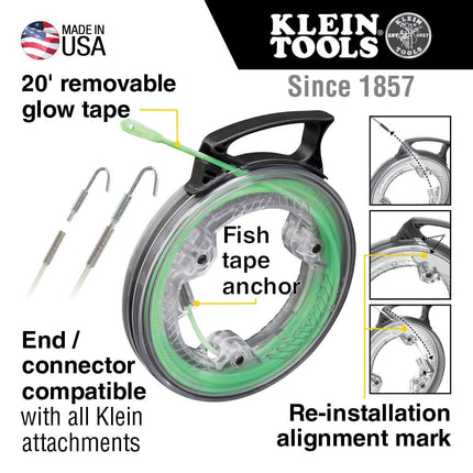 Klein Tools 50550 Guía pasacables que brilla en la oscuridad de 20 pies (6,1 m), fibra de vidrio con punta de nailon y conector de acero inoxidable para varillas jalacables