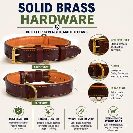 Genuine Leather Dog Collar | Brown | Full Grain, Heavy Duty, Strong, Comfortable, Padded | Best for Pups, Small, Medium, Large, XL Dog Breeds (XL (Neck Size 22.5"-25.5"), Brown)
