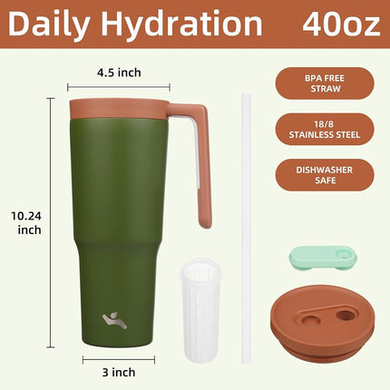 Konokyo – Gobelet isotherme avec poignée et paille, bouteille d'eau isotherme en acier inoxydable de 1,2 L, tasse de voyage en métal avec infuseur à fruits, vert forêt