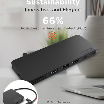 Lenovo USB-C Slim Travel Dock, 8 Ports, Up to 65W PD Pass Through, Integrated USB-C Cable, 4K Display Support, Black