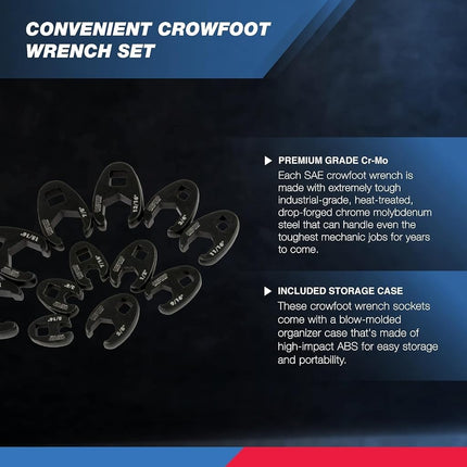 Neiko 03323A 3/8-inch and 1/2-inch drive SAE Crowfoot Wrench set, CR-MO, 12 piece set