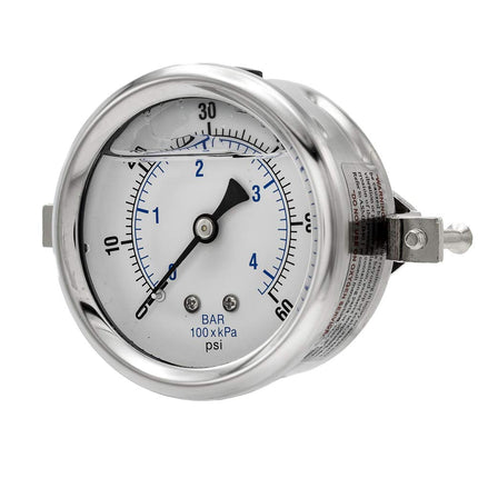 PIC Gauge 203L-254D Glycerin Filled Industrial U-Clamp Panel Mount Pressure Gauge with Stainless Steel Case, Brass Internals, Plastic Lens, 2-1/2" Dial Size, 1/4" Male NPT Connection Size, 0/60 psi Range
