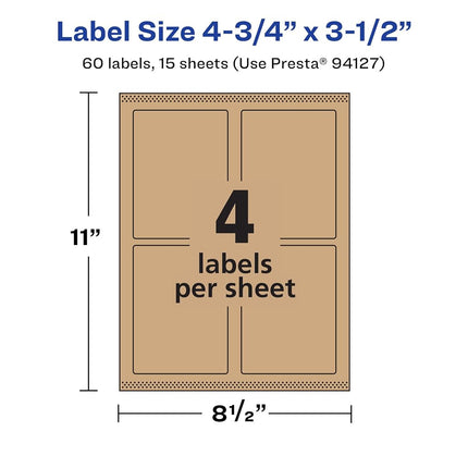 Avery Kraft Brown Rectangle Labels with Sure Feed, 4.75" x 3.5", 60 Kraft Brown Labels, Print-to-The-Edge, Laser/Inkjet Printable Labels