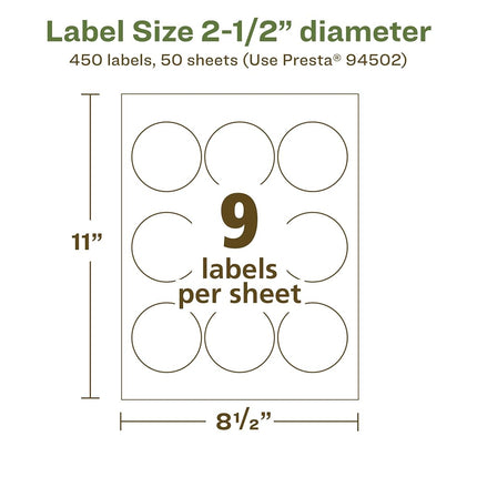 Avery EcoFriendly Matte White Recycled Round Labels, 2.5" Diameter, Print-to-The-Edge, Matte White Labels, Permanent Adhesive, Laser/Inkjet Printable, 450 Total