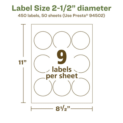 Avery EcoFriendly Matte White Recycled Round Labels, 2.5" Diameter, Print-to-The-Edge, Matte White Labels, Permanent Adhesive, Laser/Inkjet Printable, 450 Total