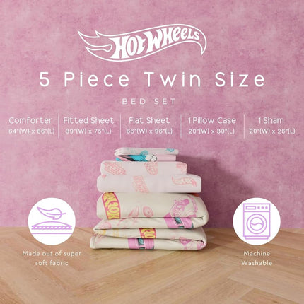Hot Wheels Girls Kids Bedding Super Soft Comforter and Sheet Set with Sham, 5 Piece Twin Size, (Officially Licensed Product) by Franco