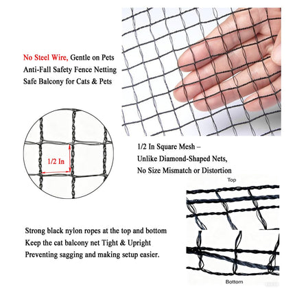 Vocray Cat Netting Balcony 3x6 M, No Steel Wire, Catio Cat Outdoor Enclosure, Anti-Fall Pet Fence Barrier for Garden, Balconies, Windows, Stair, Patios