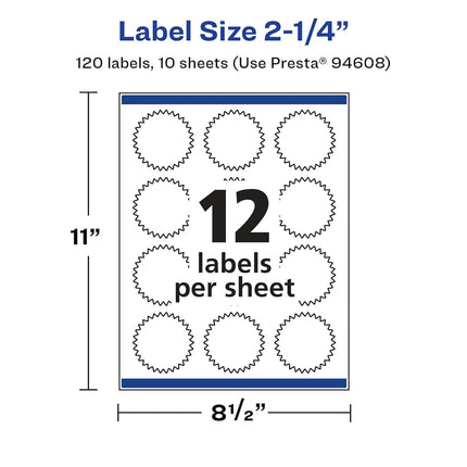 Avery Glossy White Starburst Labels with Sure Feed, 2.25", 120 Glossy White Labels, Print-to-The-Edge, Permanent Label Adhesive, Laser/Inkjet Printable Labels