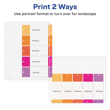 Avery 5 Tab File and Page Dividers for 3 Ring Binders, Customizable Table of Contents, Multicolor Tabs, 3 Sets (11070)