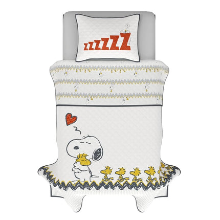 Franco Peanuts 75th Anniversary Snoopy & Woodstock Bedding Super Soft Cozy 2 Piece Twin Coverlet Quilt and Sham Set, (Official Peanuts Product)