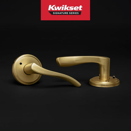 Kwikset Sedona Interior Privacy Door Handle with Lock, Door Lever for Bathroom and Bedroom, Satin Brass Reversible Keyless Push Button Lock Door Lever, with Microban Protection