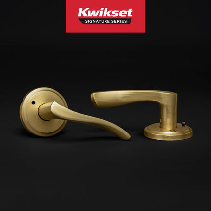 Kwikset Sedona Interior Privacy Door Handle with Lock, Door Lever for Bathroom and Bedroom, Satin Brass Reversible Keyless Push Button Lock Door Lever, with Microban Protection