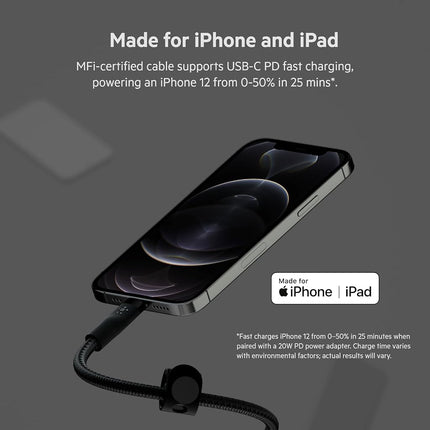 Belkin BoostCharge Pro Flex Braided USB Type C to Lightning Cable (3M/10ft), MFi Certified 20W Fast Charging PD Power Delivery for iPhone 14/14 Plus, 13, 12, Pro, Max, Mini, SE, iPad and More - Black