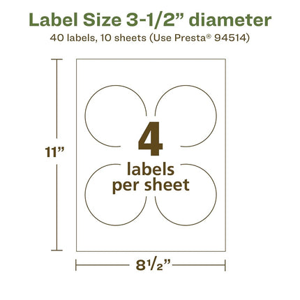 Avery EcoFriendly Matte White Recycled Round Labels, 3.5" Diameter, Print-to-The-Edge, Matte White Labels, Permanent Label Adhesive, Laser/Inkjet, 40 Printable Labels