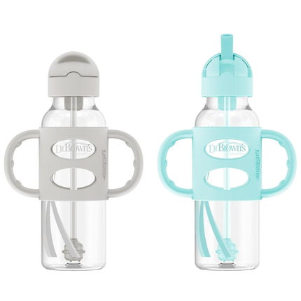 Vaso entrenador Dr. Brown's con popote y asas de silicona, gris y verde, 8 oz (paquete de 2)