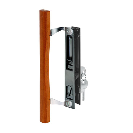 Prime Line MP1032 Poignée de porte coulissante, 16,8 cm, aluminium moulé sous pression et bois, style crochet, montage encastré, à clé, 1 jeu