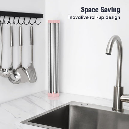 Tomorotec Roll Up Dish Drying Rack Over Sink, 304 Steel, 21x15.5, Pink