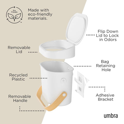 Umbra Bellwood Kitchen Compost Bin – White/Natural, Countertop or Cabinet Mounted, 4L Compost Container with Hidden Bag Retainer, BPA-Free & Dishwasher Safe| Bellwood Collection