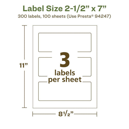 Etiquetas rectangulares recicladas Avery EcoFriendly de papel mate blanco, 2.5" x 7", Imprimir al borde, etiquetas mate blanco, adhesivo permanente, imprimibles con láser/inyección de tinta, 300 unidades en total
