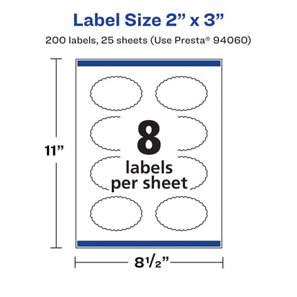 Avery Matte White Oval Scalloped Labels with Sure Feed, 2" x 3", 200 Matte White Printable Labels