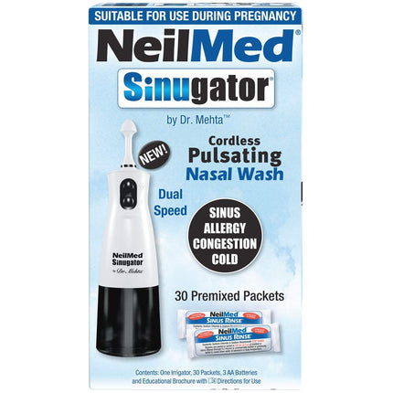 Irrigateur nasal pulsatile sans fil NeilMed Sinugator (double vitesse) avec 30 sachets prémélangés et 3 piles AA - Noir